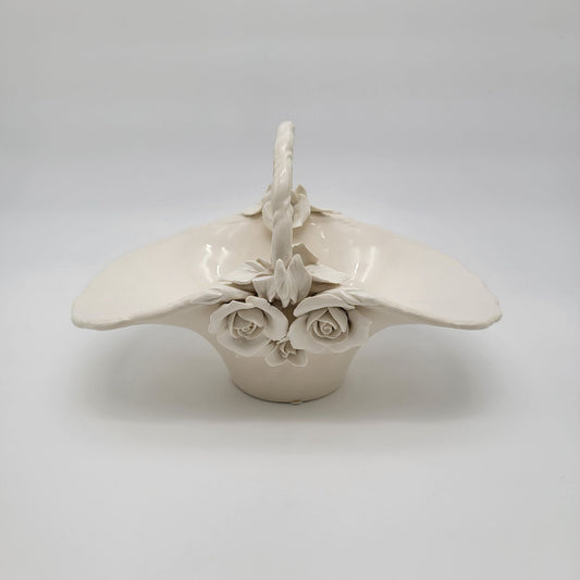 Large White Pottery Basket With Sculpted Roses