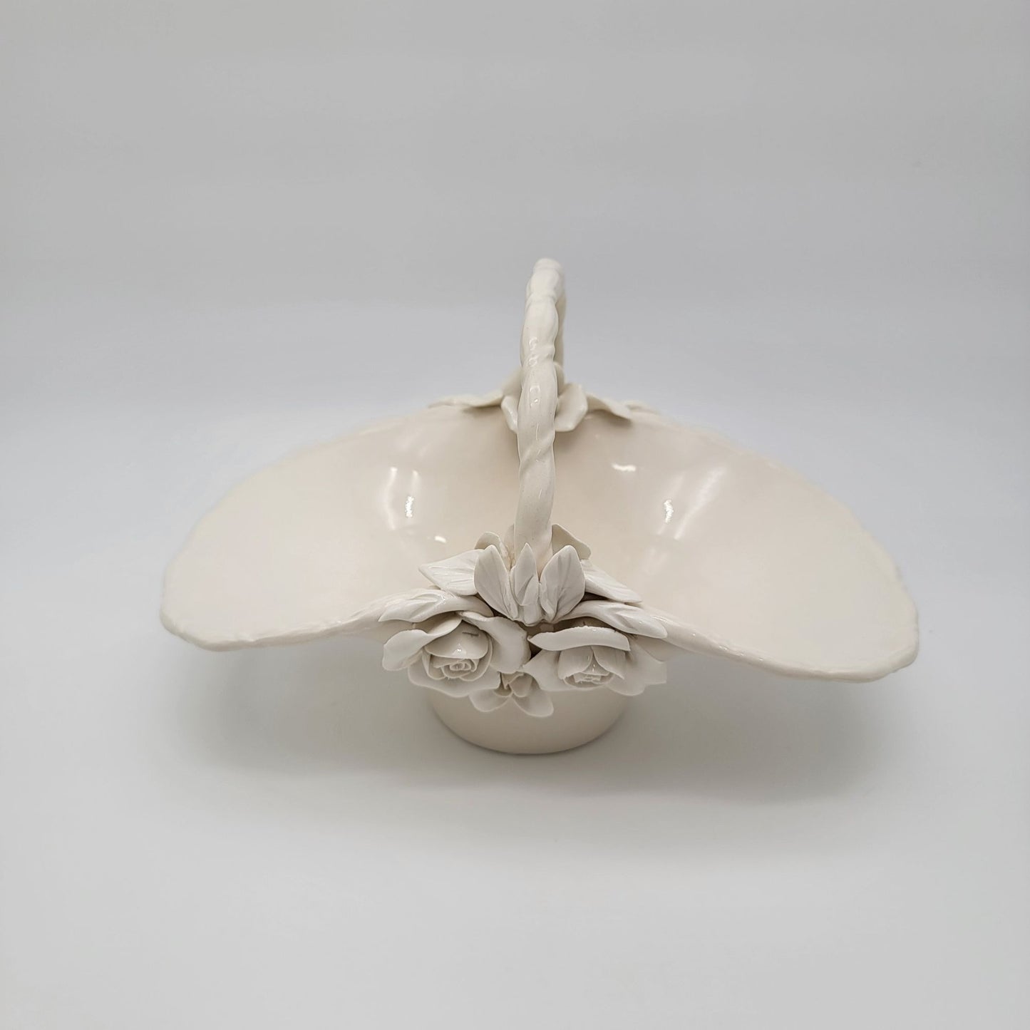 Large White Pottery Basket With Sculpted Roses