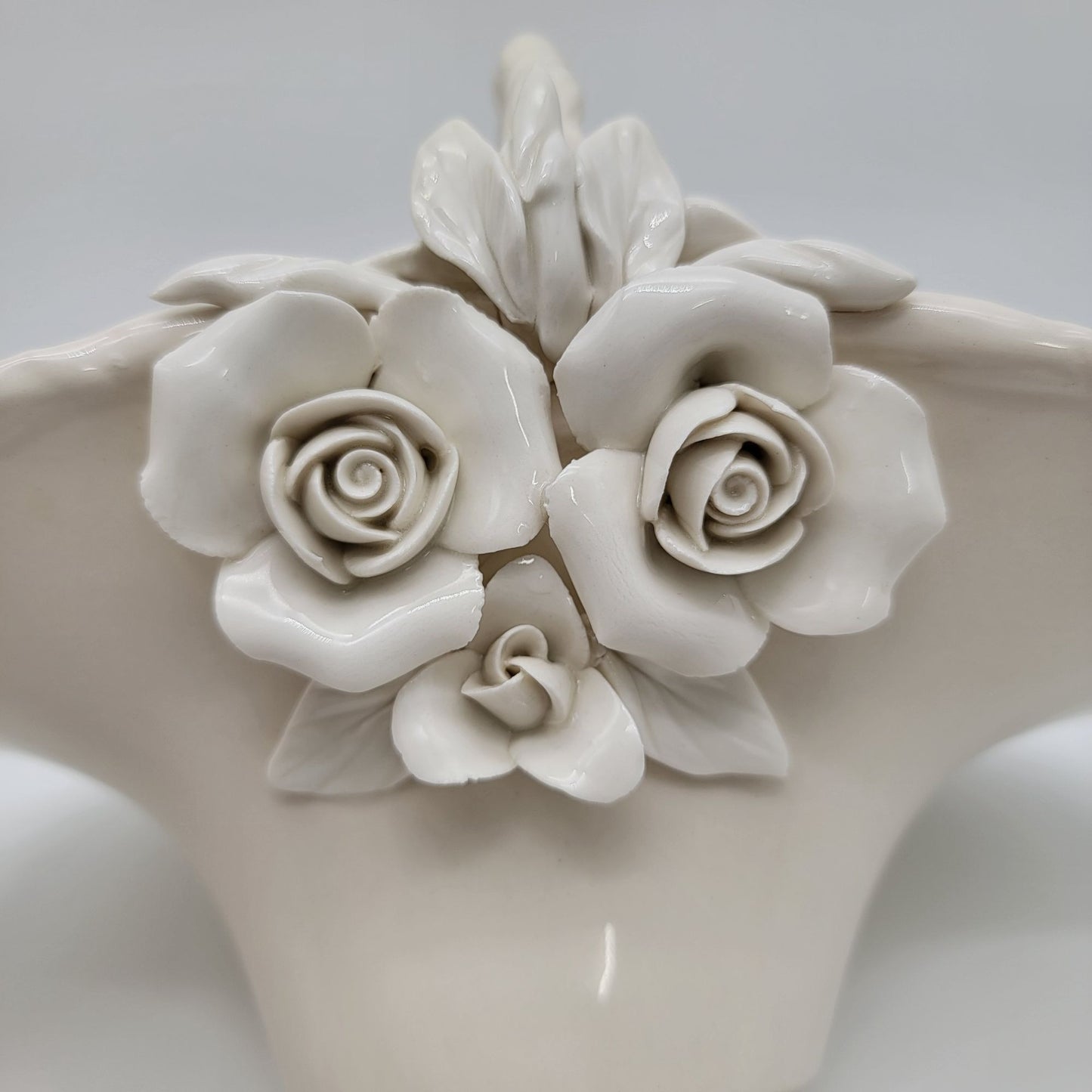 Large White Pottery Basket With Sculpted Roses
