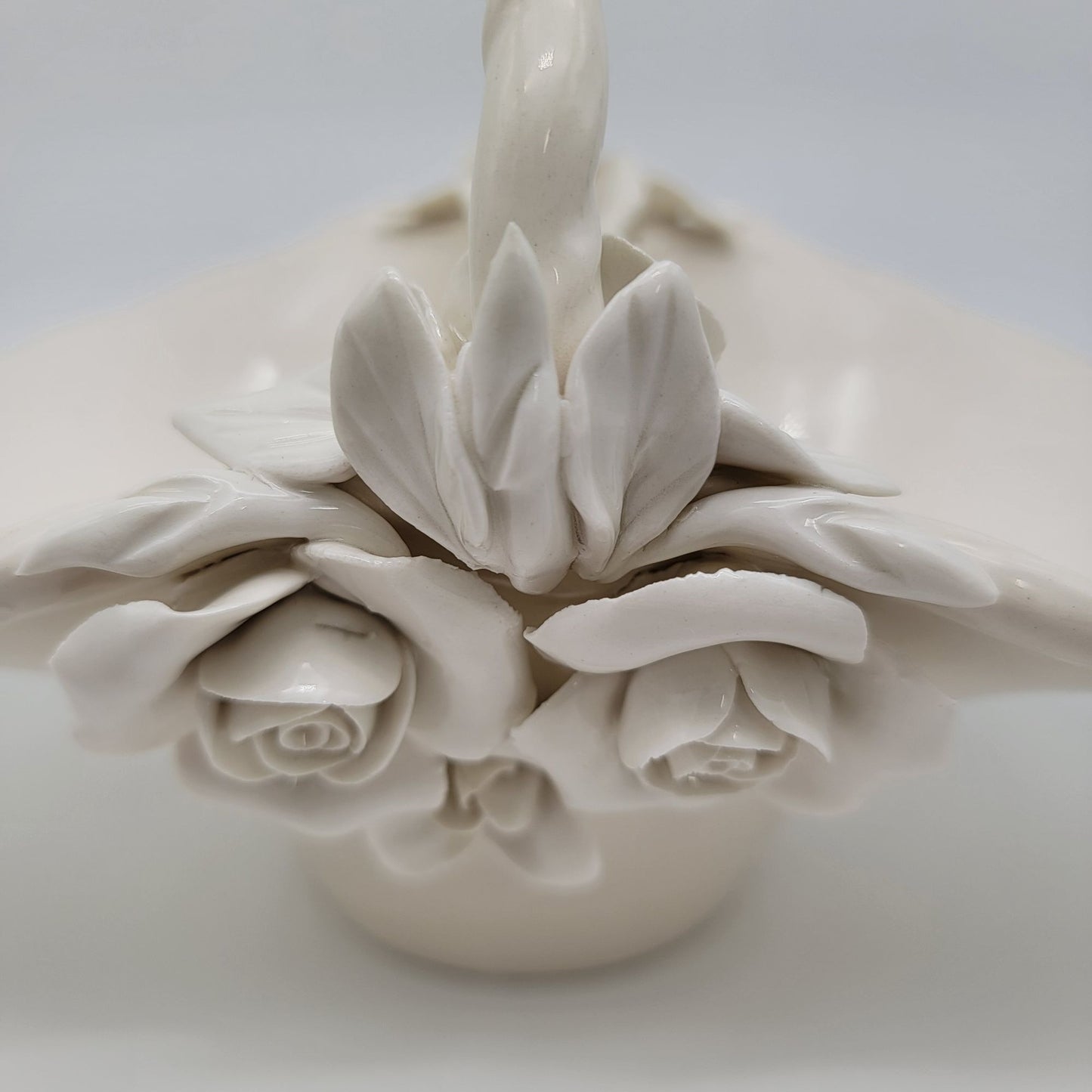 Large White Pottery Basket With Sculpted Roses
