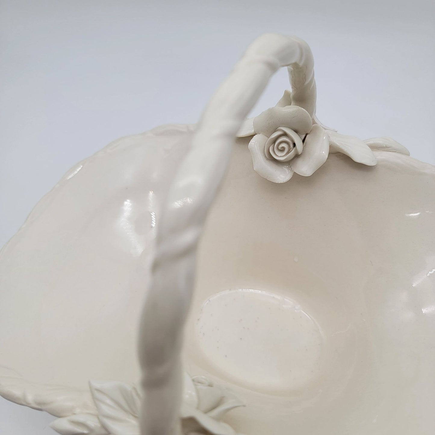 Large White Pottery Basket With Sculpted Roses