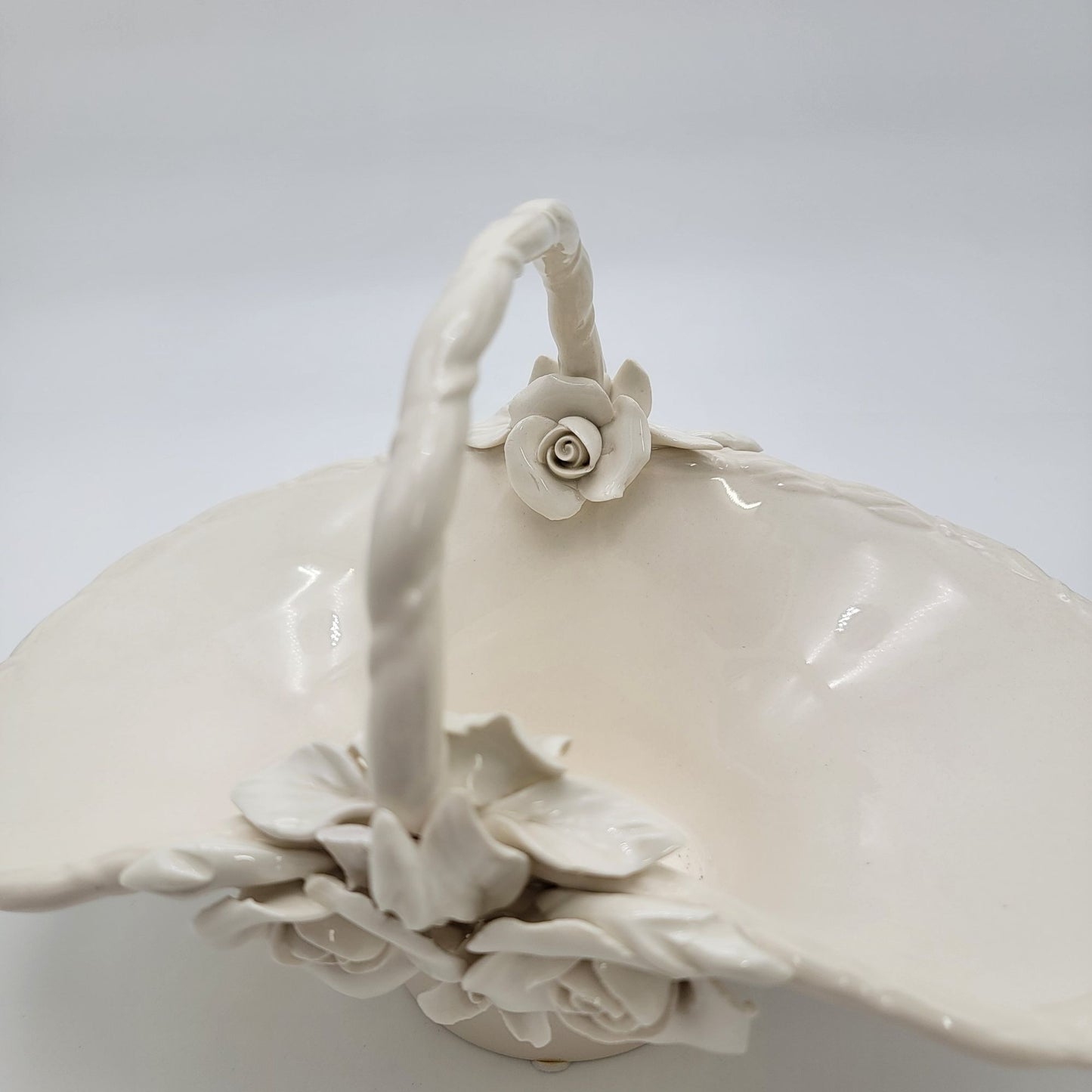 Large White Pottery Basket With Sculpted Roses