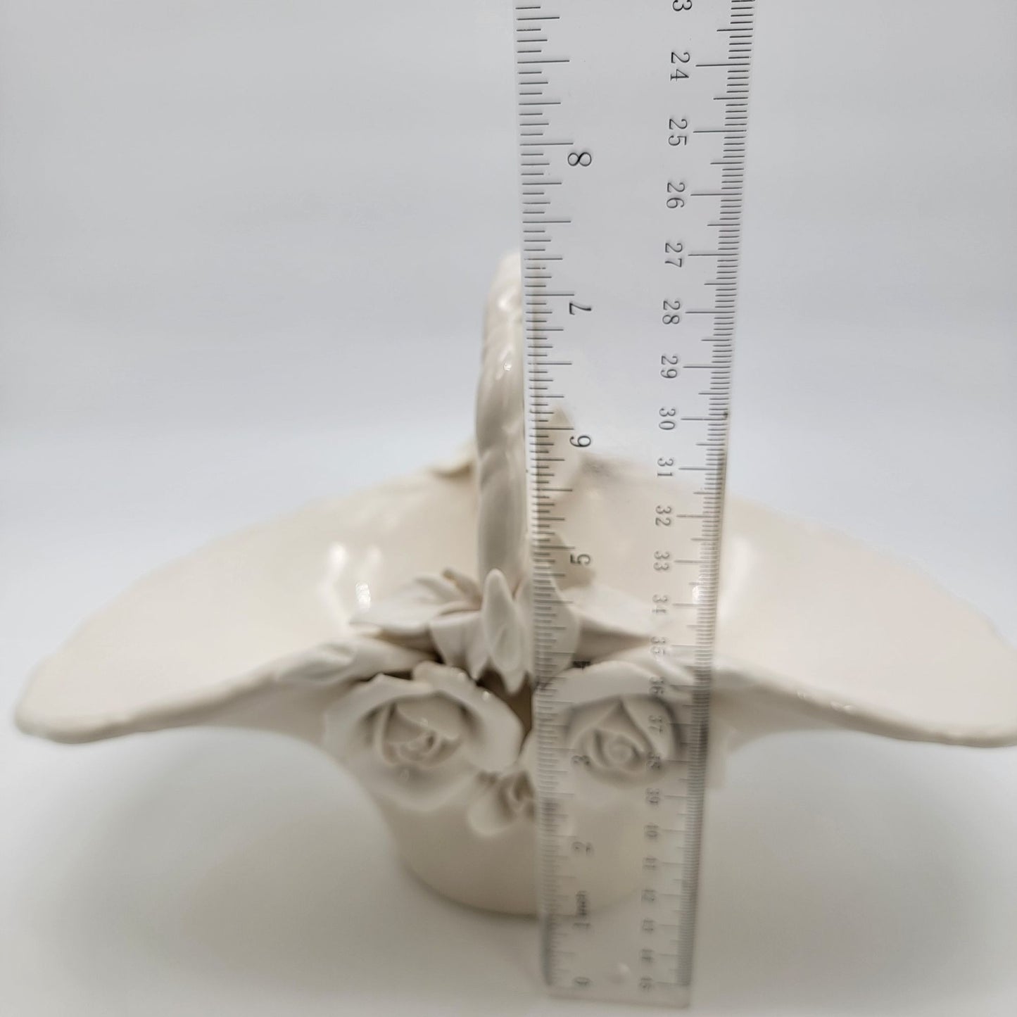 Large White Pottery Basket With Sculpted Roses