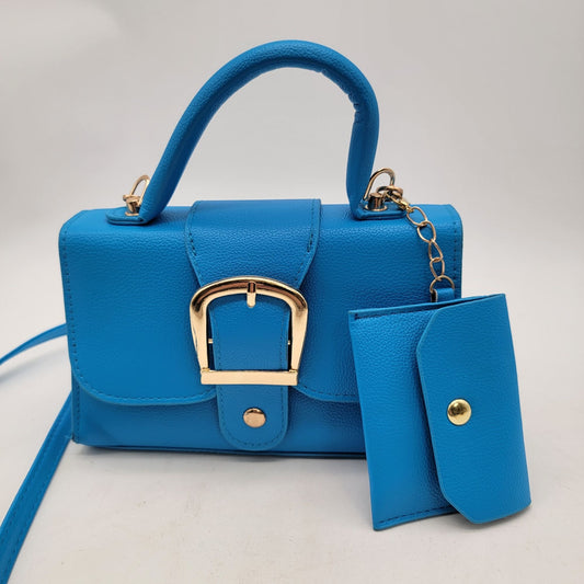 Blue Faux Leather Handbag With Matching Cardholder Wallet