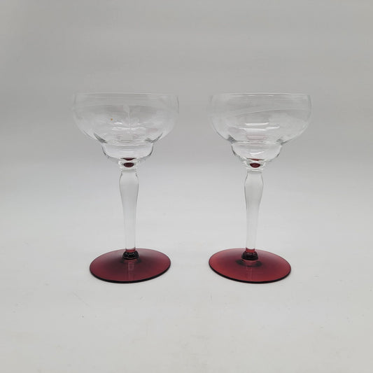 Pair Of Vintage Weston Etched Crystal Coupe Champagne Glasses