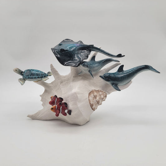 Ocean Life Sculpture On Faux Conch Shell