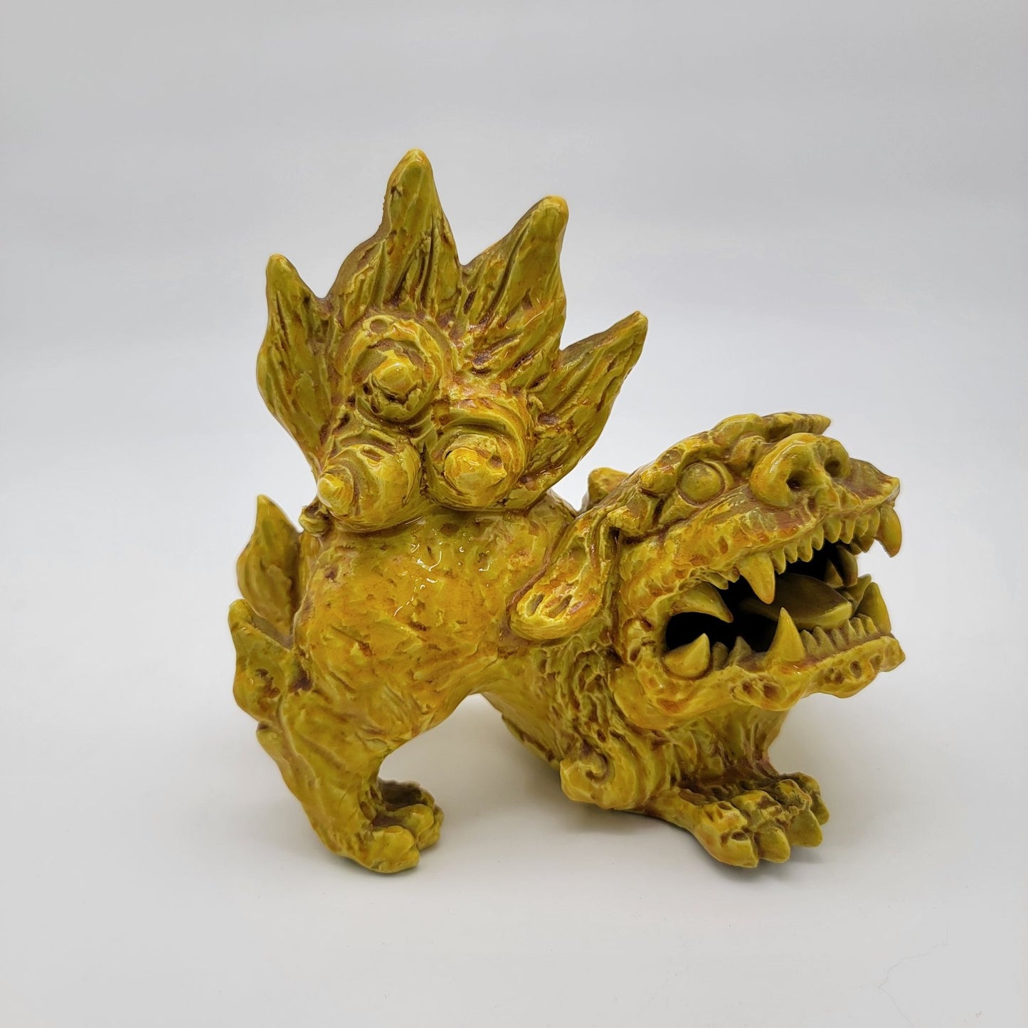 Vintage Yellow Pottery Foo Dog Guardian Lion Statue