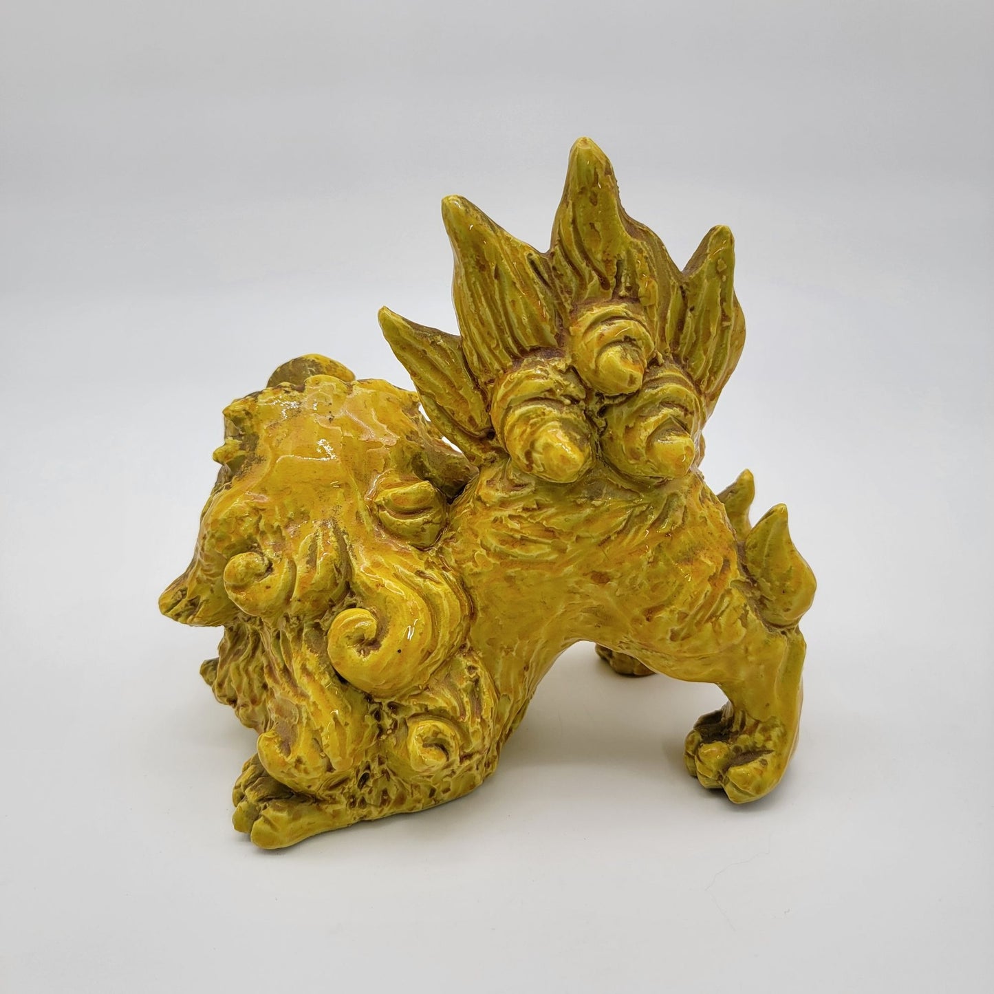 Vintage Yellow Pottery Foo Dog Guardian Lion Statue