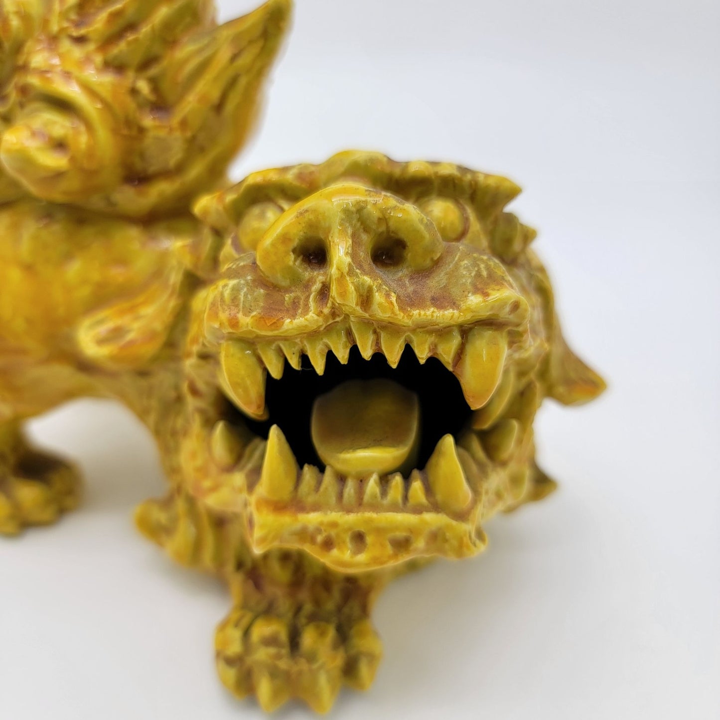Vintage Yellow Pottery Foo Dog Guardian Lion Statue