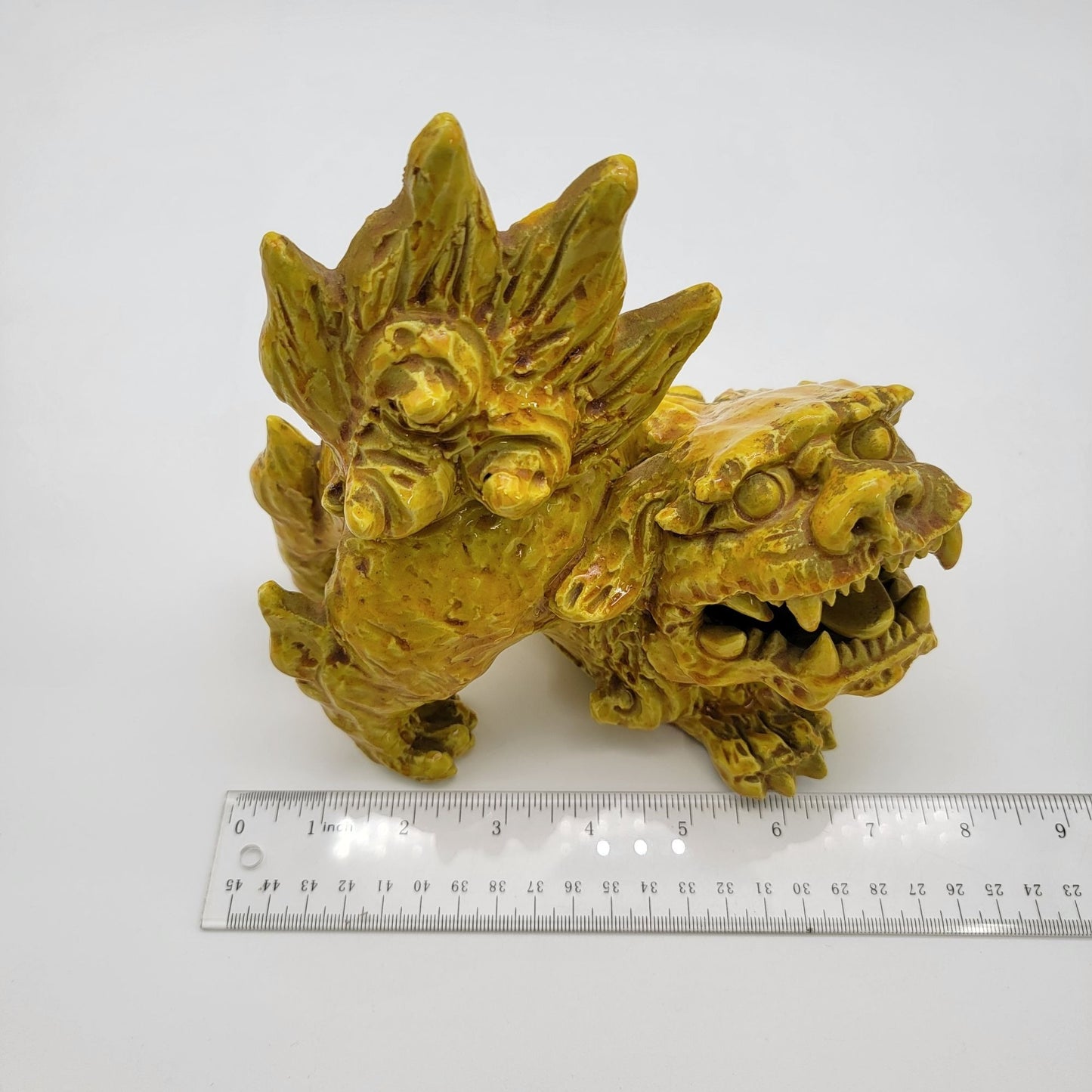 Vintage Yellow Pottery Foo Dog Guardian Lion Statue