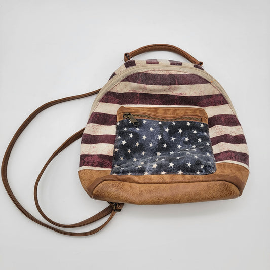 American Flag Mini Backpack Purse With Faux Leather Accents & Star Pattern Pocket