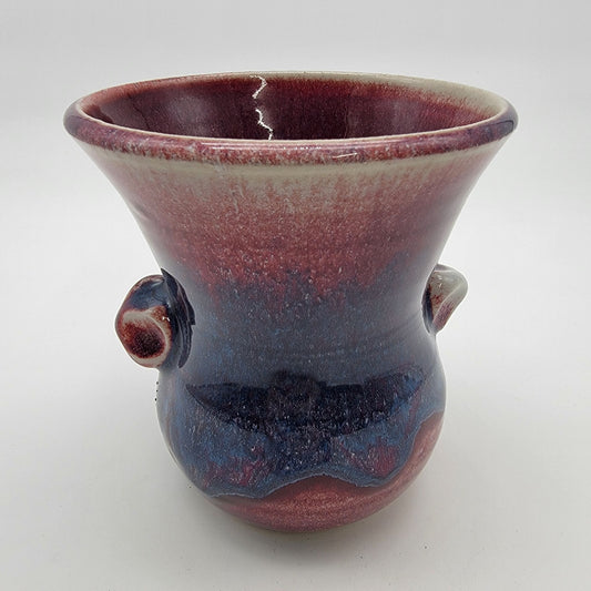 Signed 1995 Rustic Blue Red Glaze Art Pottery Vase With Dual Handles