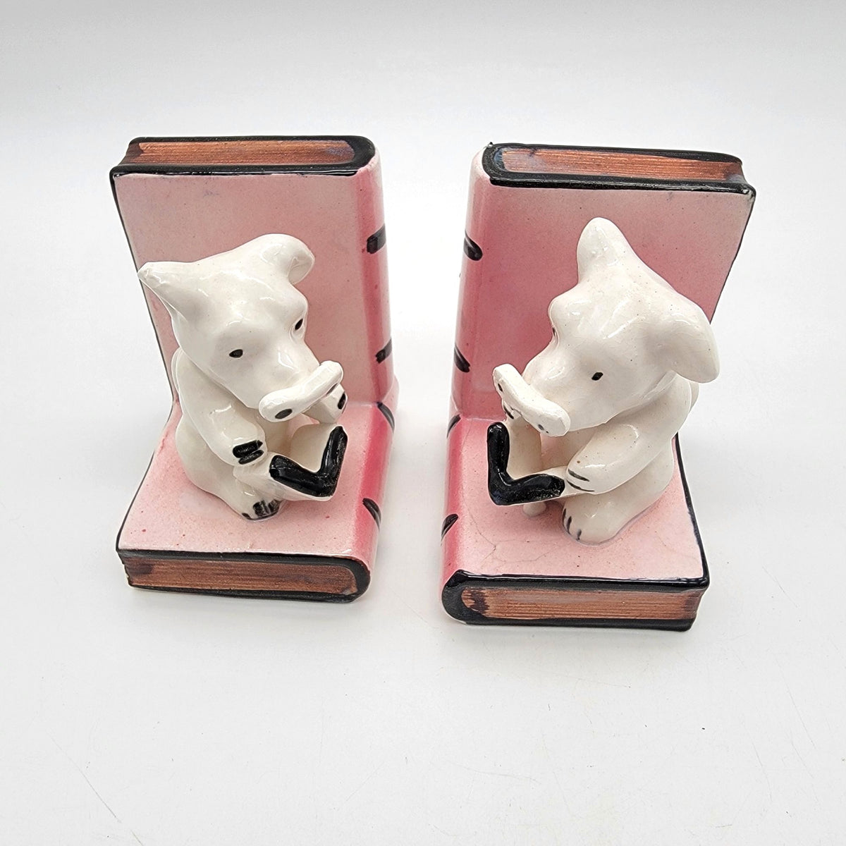 Vintage White Terrier Dogs Reading Books Bookends Made in Japan