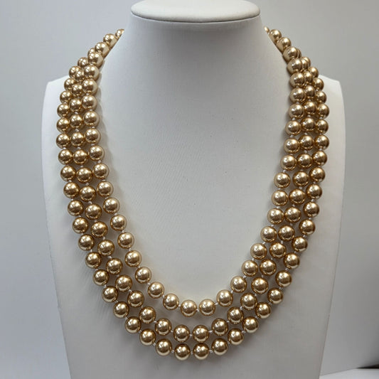 KJL Kenneth Jay Lane Champagne Gold Triple Strand Faux Pearl Necklace