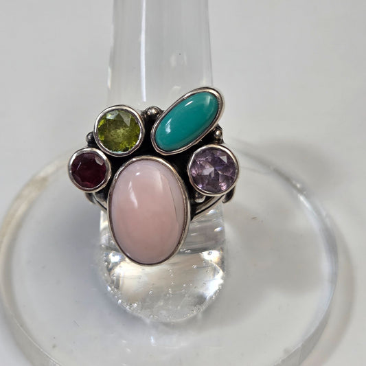 Signed PB Multi-Gemstone 925 Silver Ring