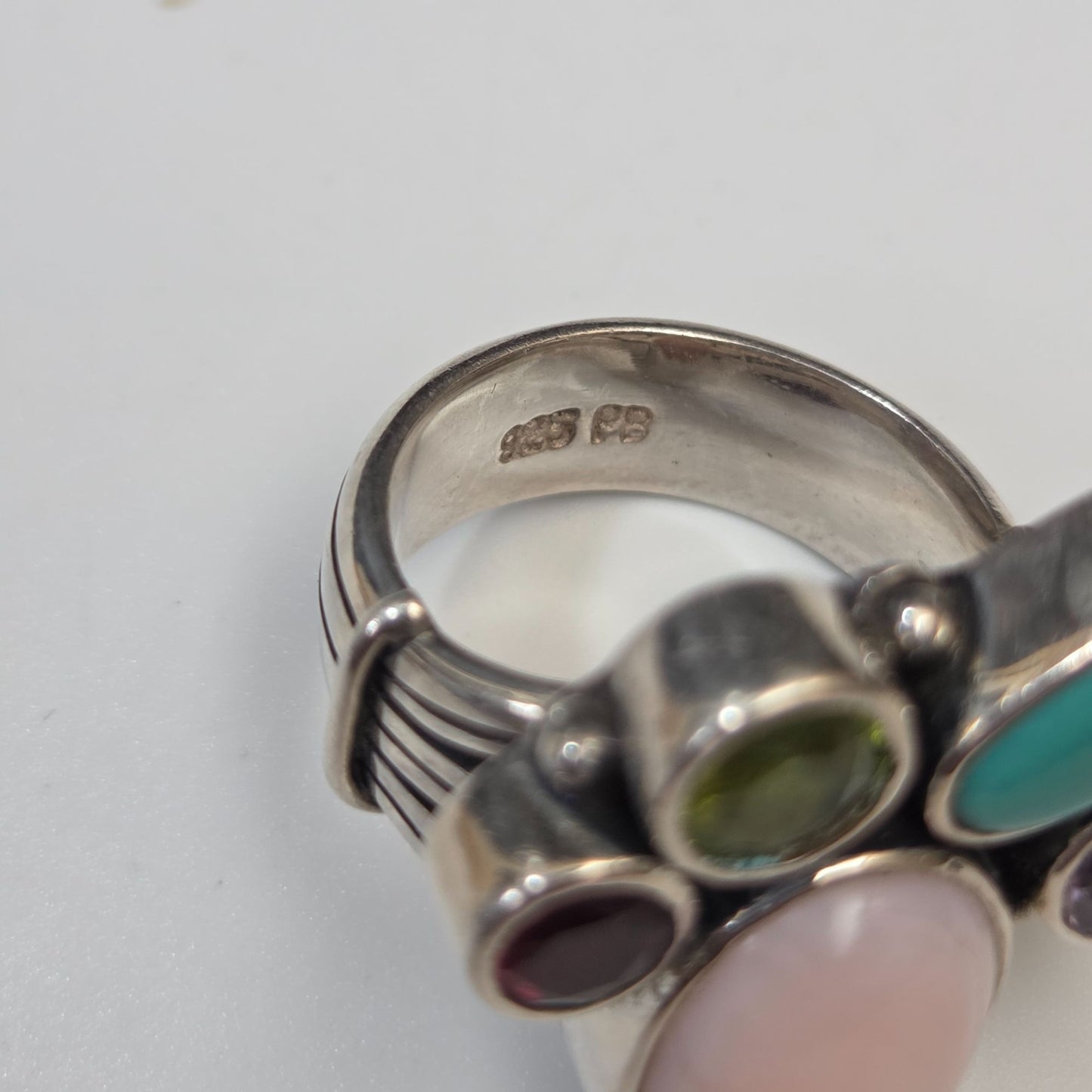 Signed PB Multi-Gemstone 925 Silver Ring