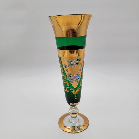 Vintage Seyei Victorian Glass Enameled Emerald Green Vase Gold Trim & Floral