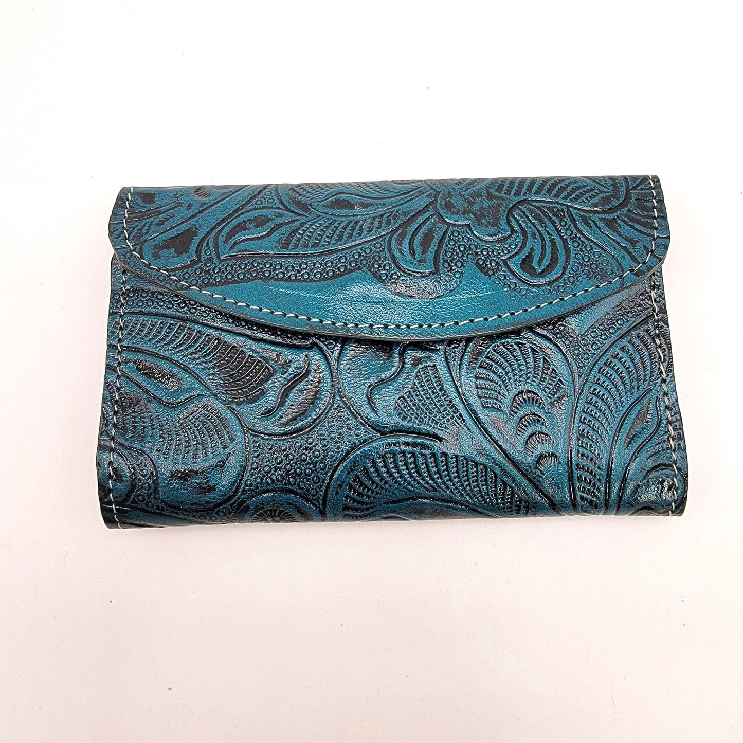 Mexican Tooled Blue Leather Tri-Fold Wallet