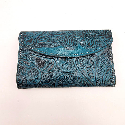 Mexican Tooled Blue Leather Tri-Fold Wallet