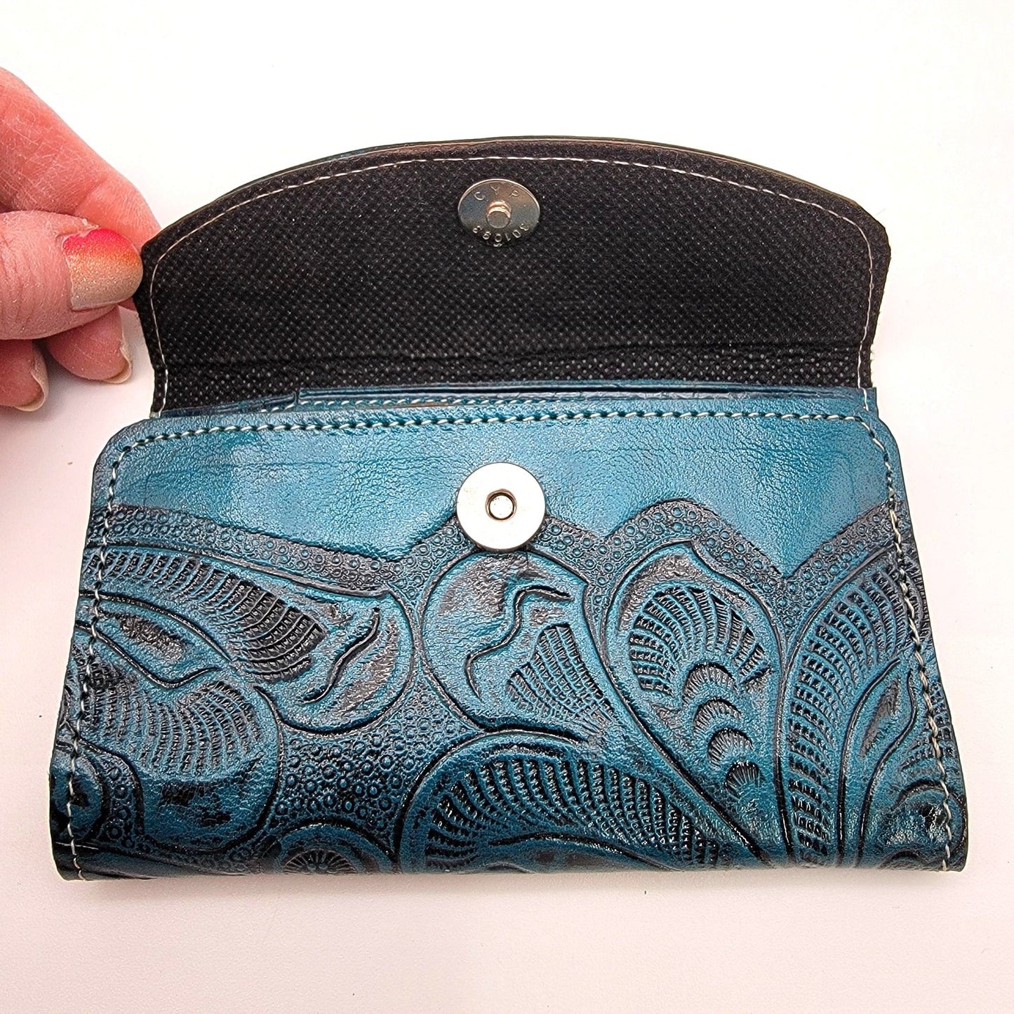 Mexican Tooled Blue Leather Tri-Fold Wallet