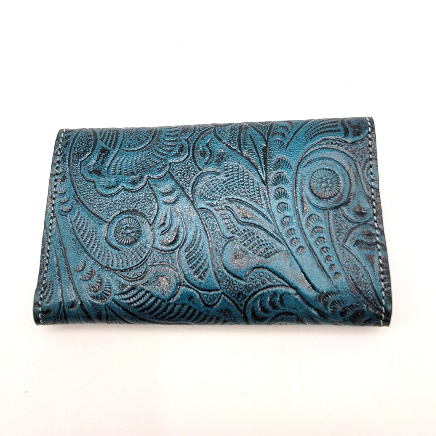 Mexican Tooled Blue Leather Tri-Fold Wallet