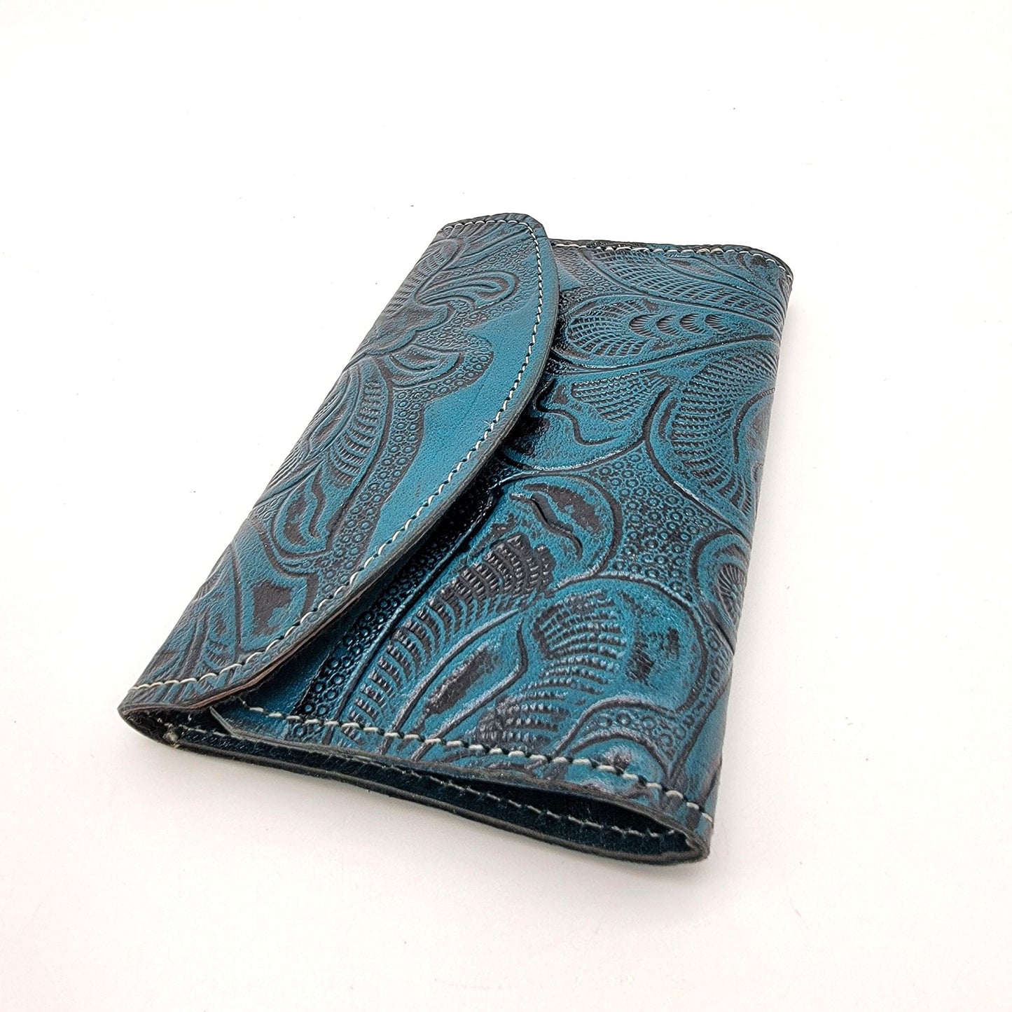 Mexican Tooled Blue Leather Tri-Fold Wallet