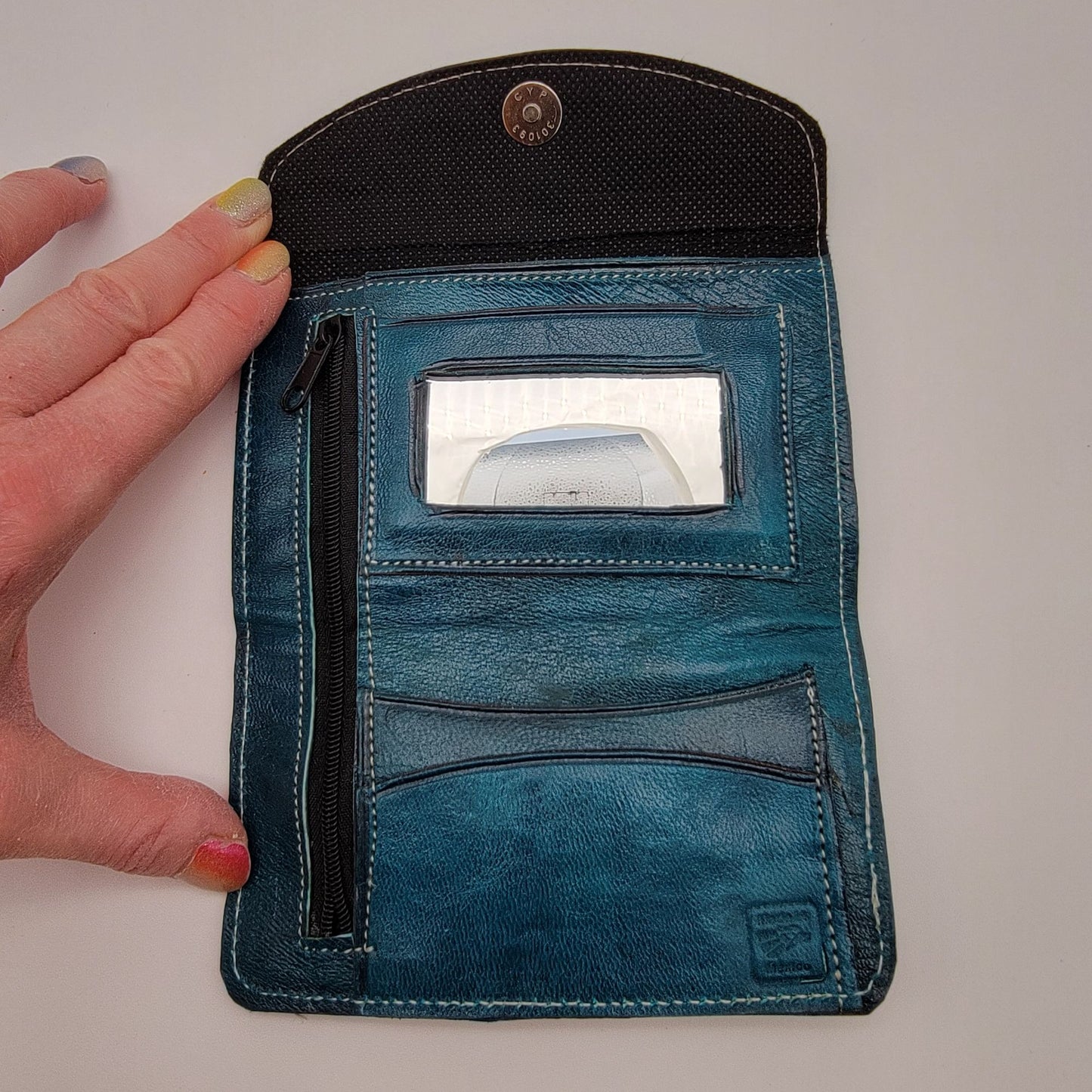 Mexican Tooled Blue Leather Tri-Fold Wallet