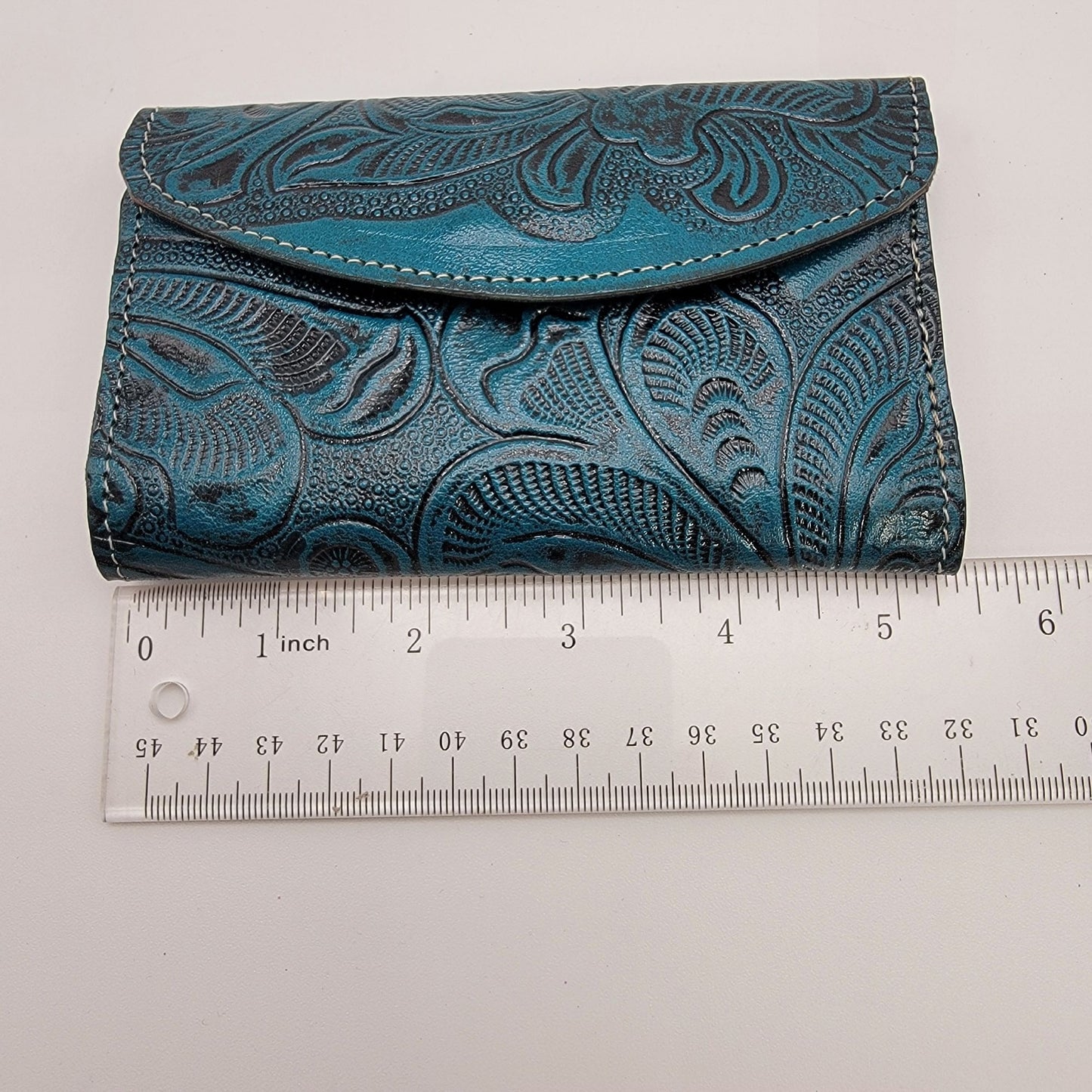 Mexican Tooled Blue Leather Tri-Fold Wallet
