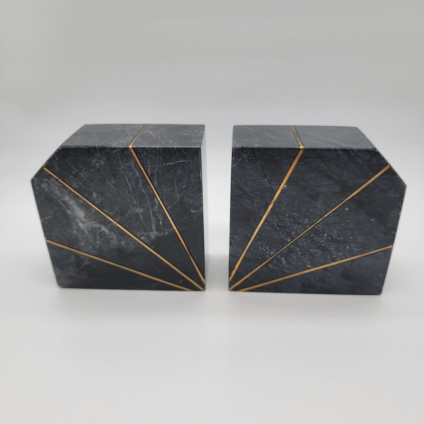 Art Deco Revival Karachi Black Marble Brass Inlay Bookends