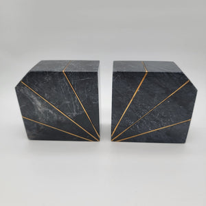 Art Deco Revival Karachi Black Marble Brass Inlay Bookends