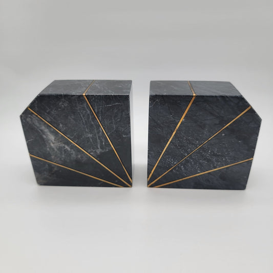 Art Deco Revival Karachi Black Marble Brass Inlay Bookends