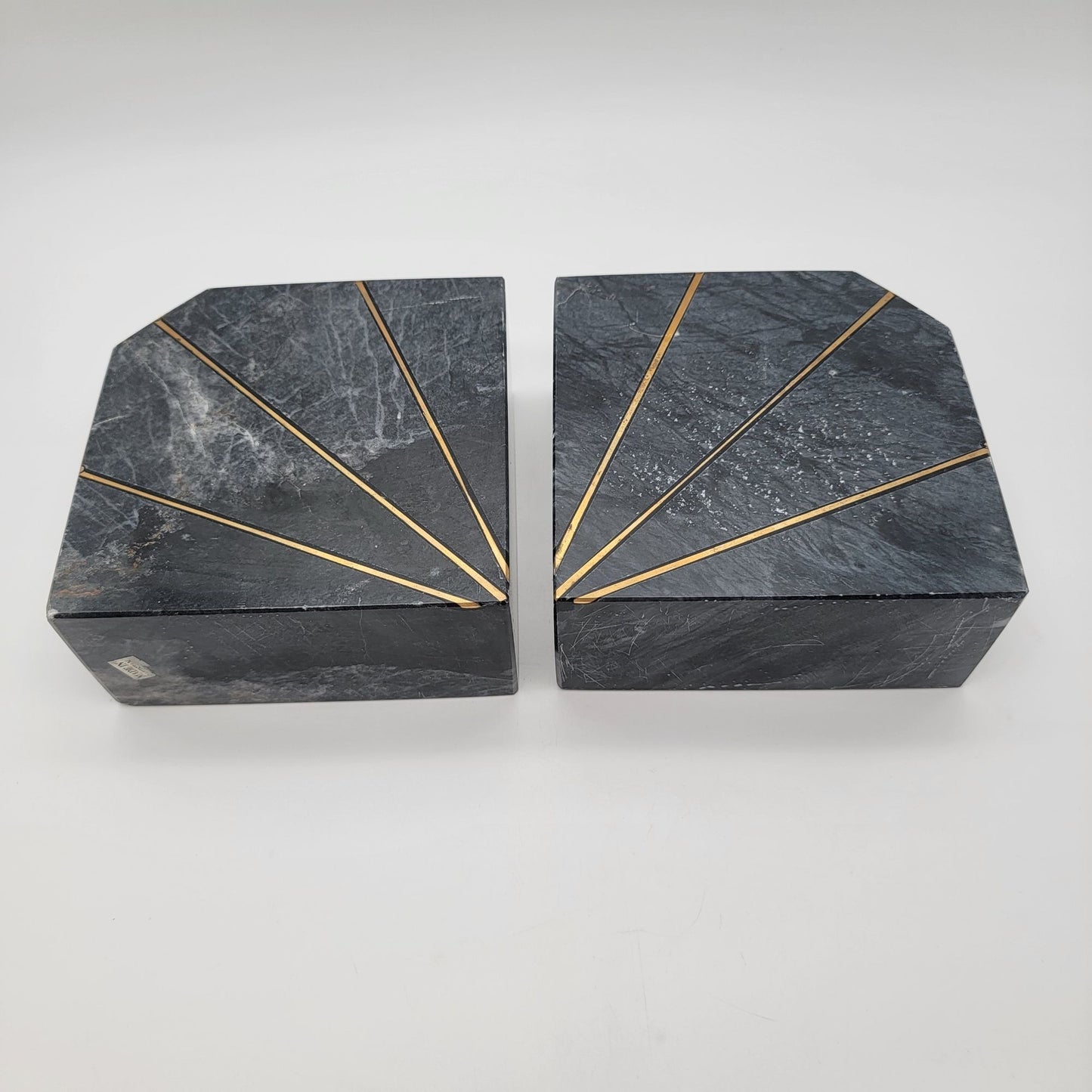Art Deco Revival Karachi Black Marble Brass Inlay Bookends