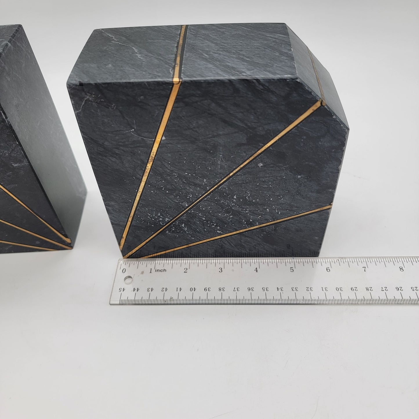 Art Deco Revival Karachi Black Marble Brass Inlay Bookends
