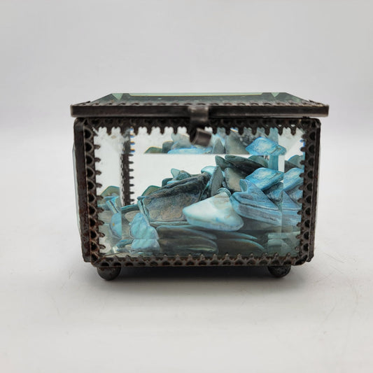 Nicole Miller Glass Jewelry Casket Box With Turquoise Stones & Ornate Metal Trim
