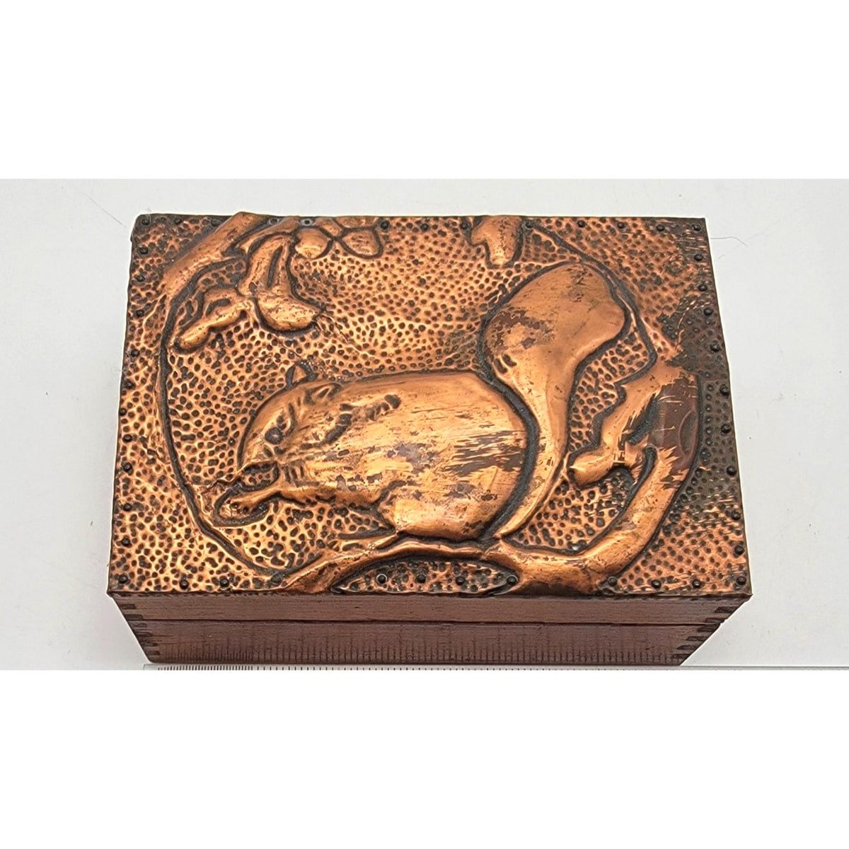 Vintage Hammered Copper Repousse Squirrel Wood Box