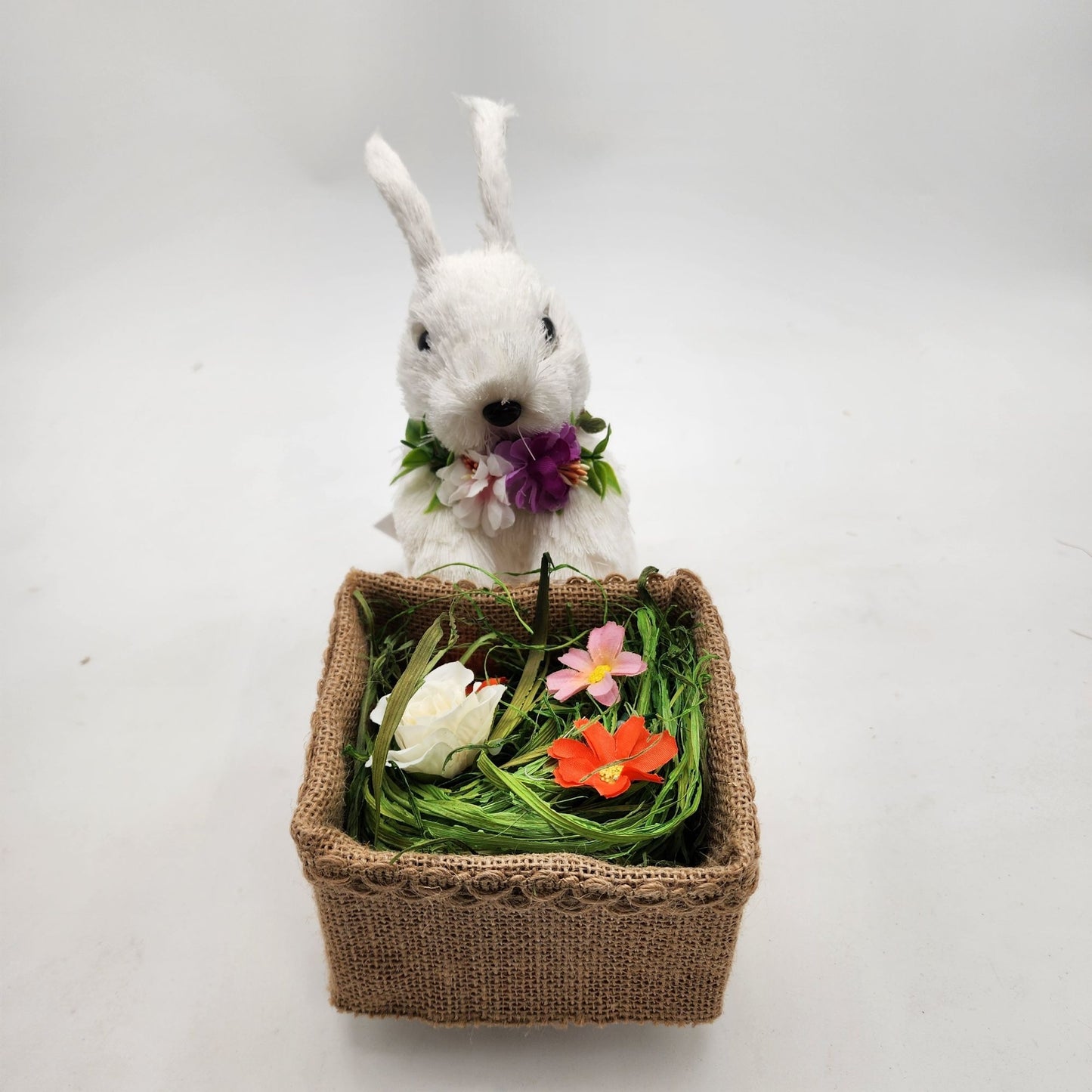 Sisal Bunny With Burlap Wagon & Flowers Spring Decor