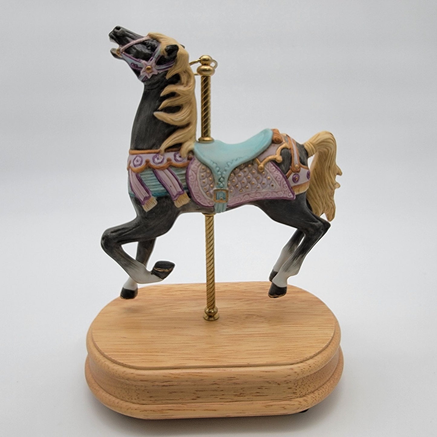 Vintage Porcelain Carousel Black Horse Music Box