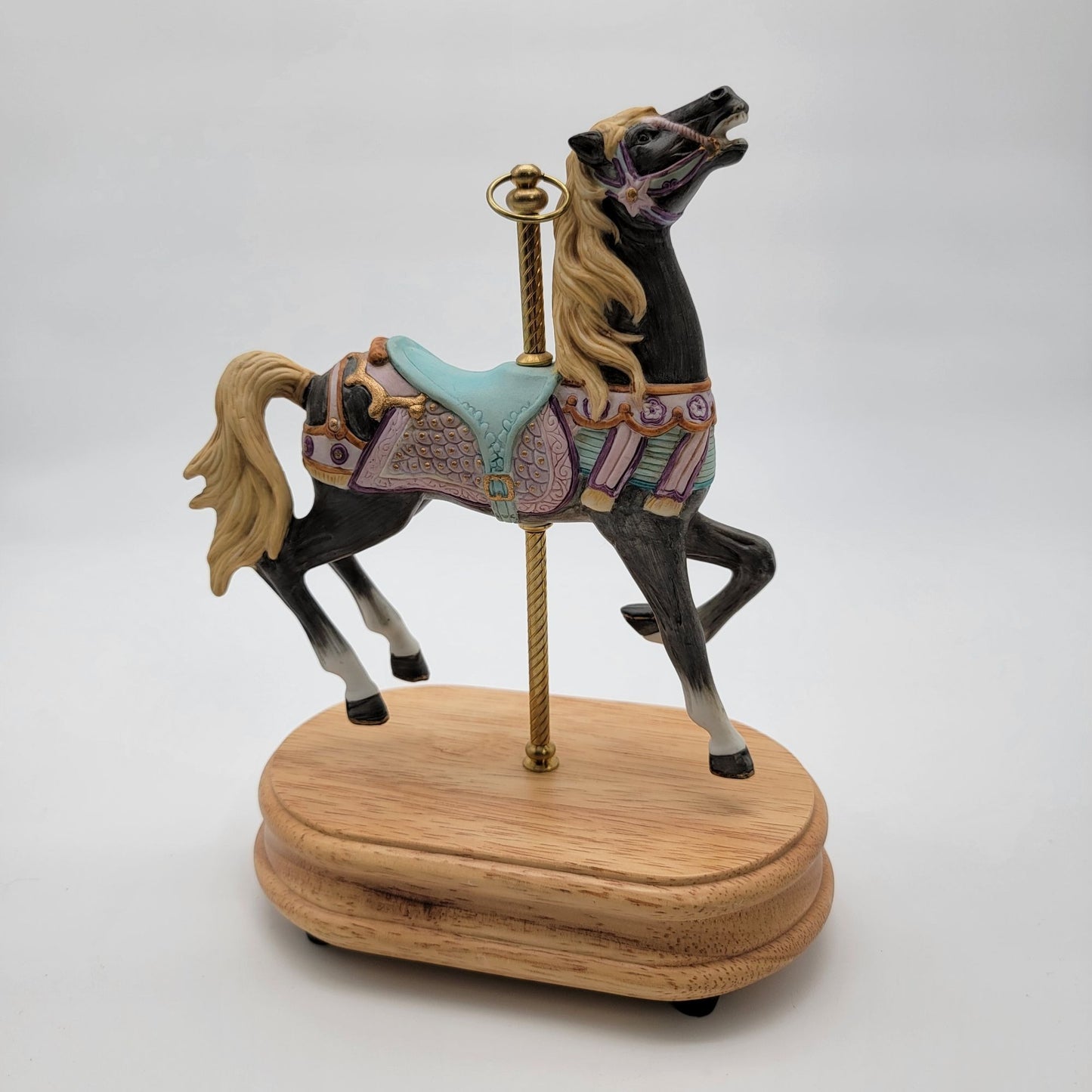 Vintage Porcelain Carousel Black Horse Music Box