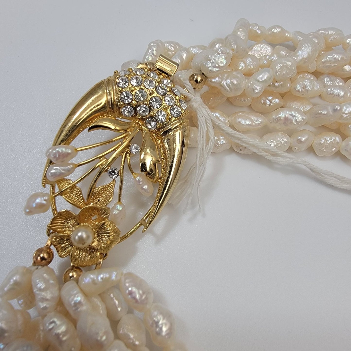 Multi-Strand Biwa Freshwater Pearl Torsade Necklace Pearl & Rhinestone Flower Leaf Clasp