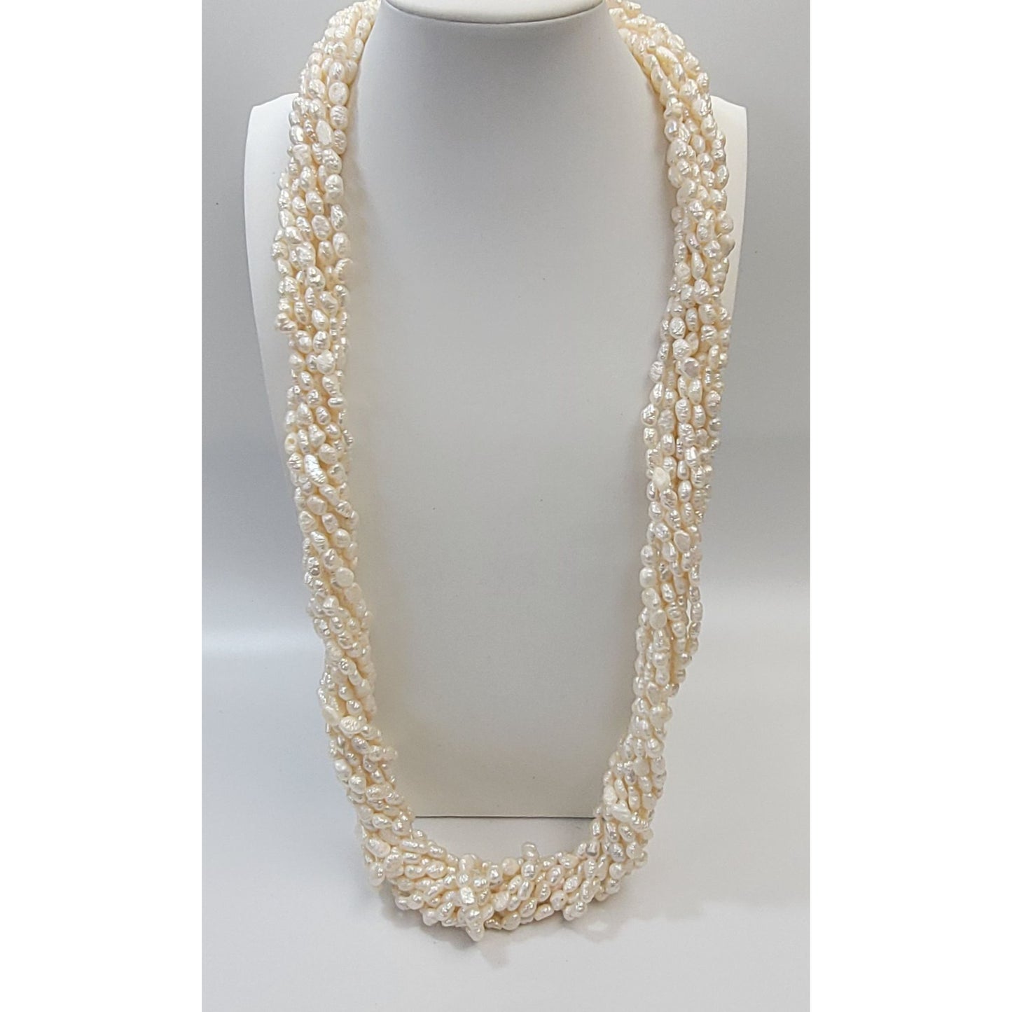 Multi-Strand Biwa Freshwater Pearl Torsade Necklace Pearl & Rhinestone Flower Leaf Clasp