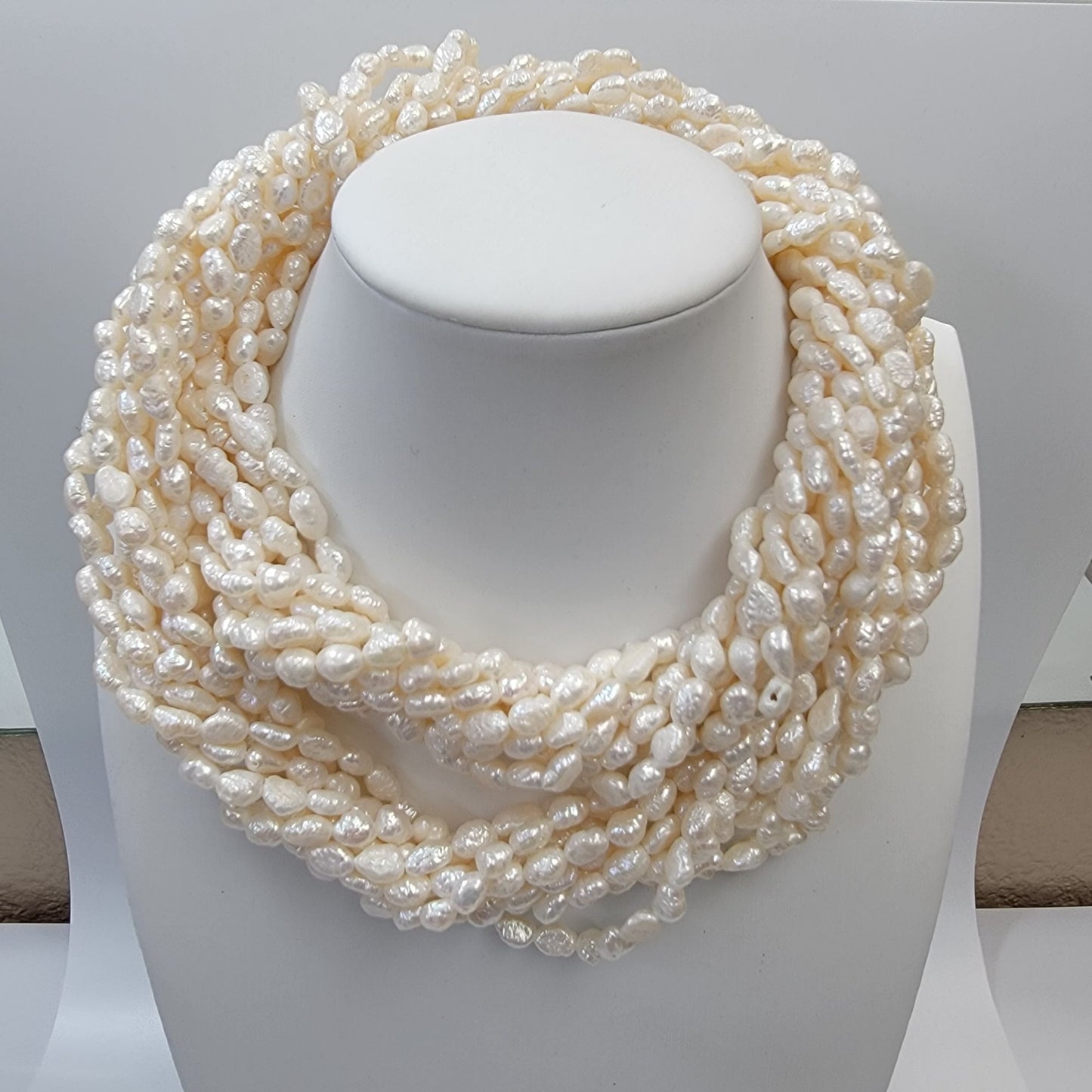 Multi-Strand Biwa Freshwater Pearl Torsade Necklace Pearl & Rhinestone Flower Leaf Clasp