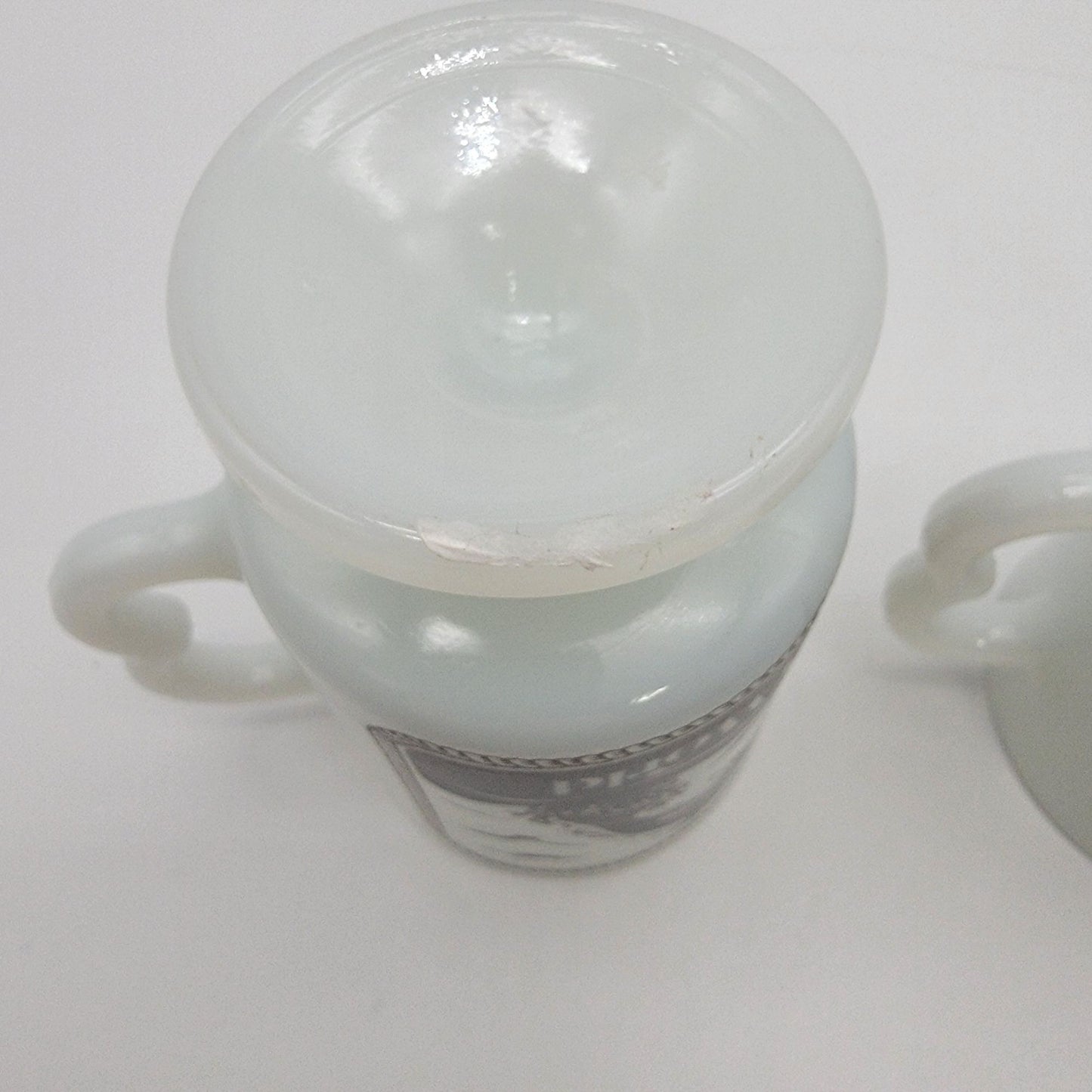 Pair of 1980 Vintage Fire King Milk Glass Sea World Footed Mugs Dolphin Orca Design