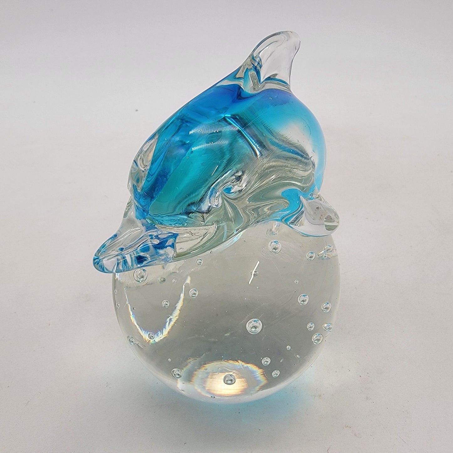 Art Glass Dolphin On Sphere Paperweight With Controlled Bubbles