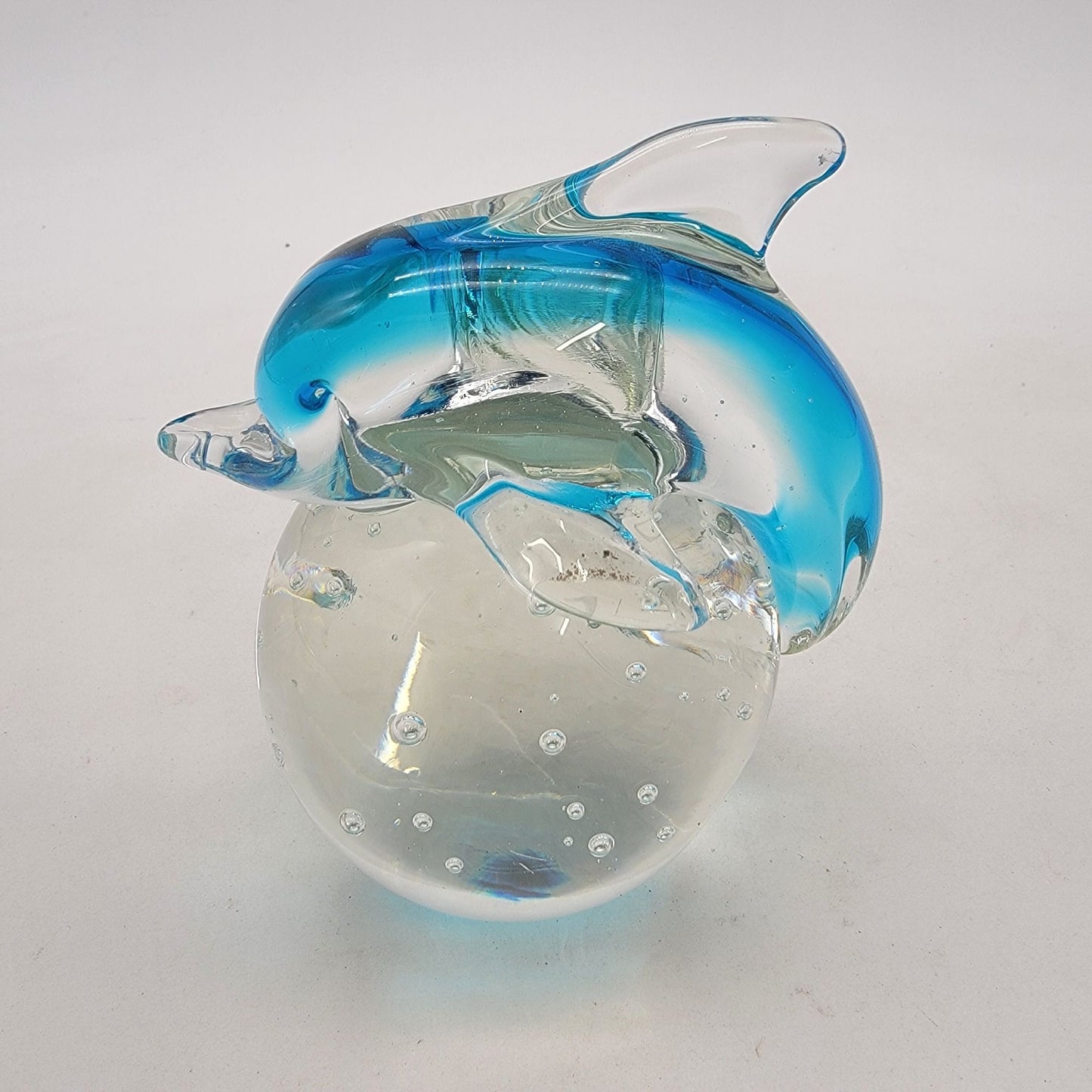 Art Glass Dolphin On Sphere Paperweight With Controlled Bubbles