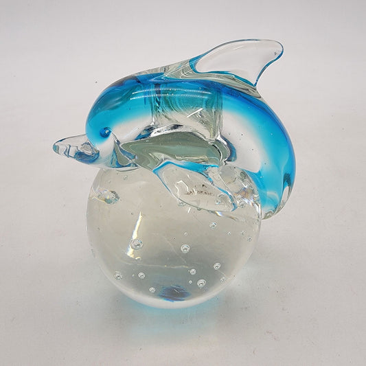 Art Glass Dolphin On Sphere Paperweight With Controlled Bubbles
