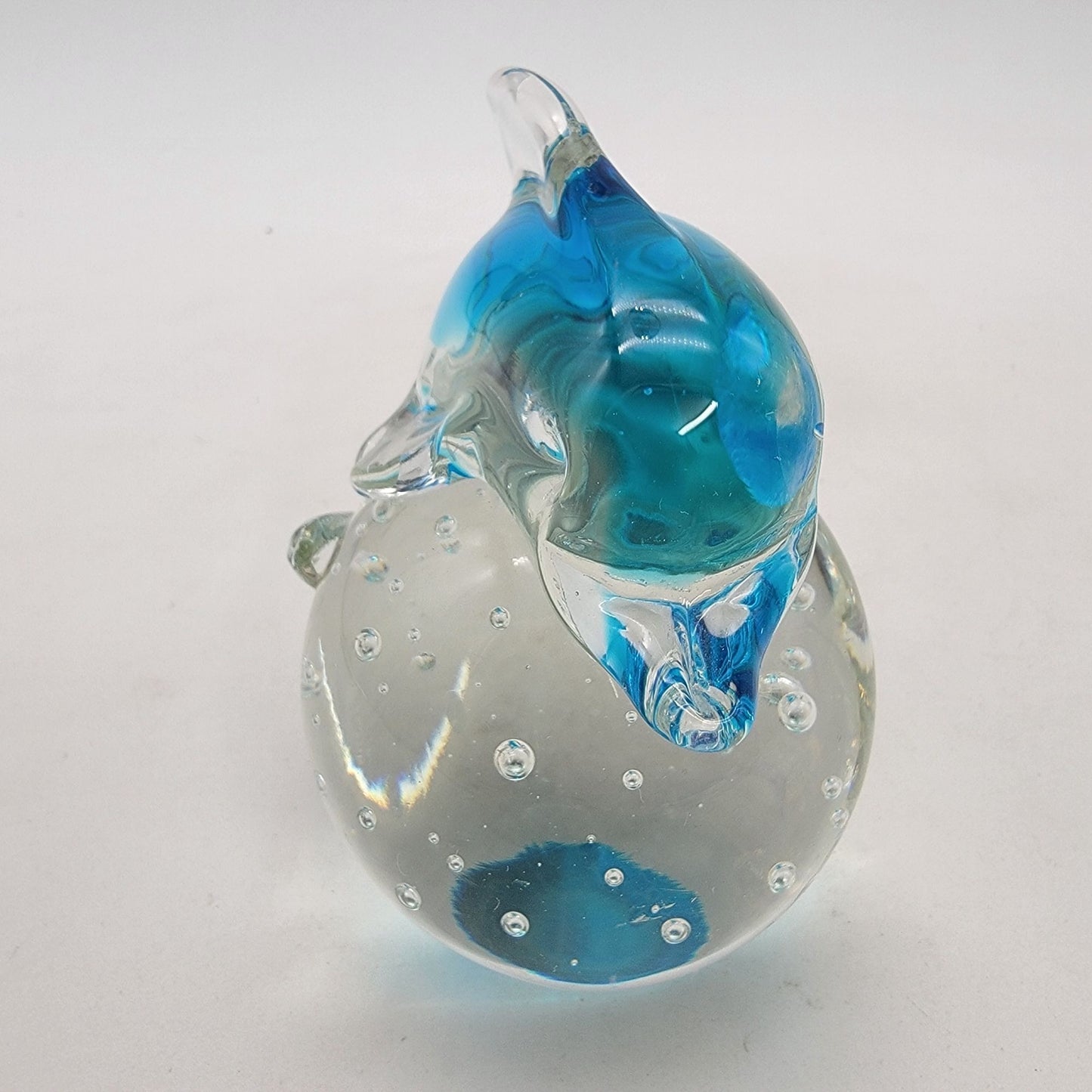 Art Glass Dolphin On Sphere Paperweight With Controlled Bubbles
