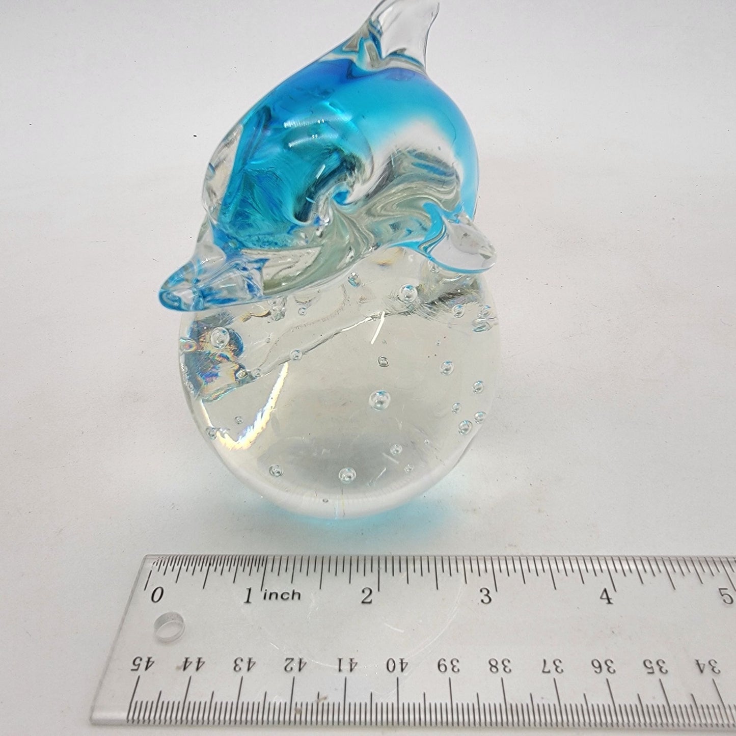 Art Glass Dolphin On Sphere Paperweight With Controlled Bubbles