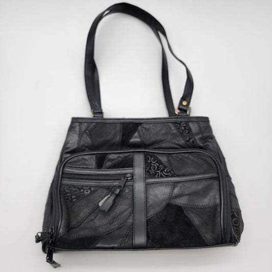 Vintage Black Genuine Leather Patchwork Shoulder Bag Handbag With Multiple Zippered Compartments