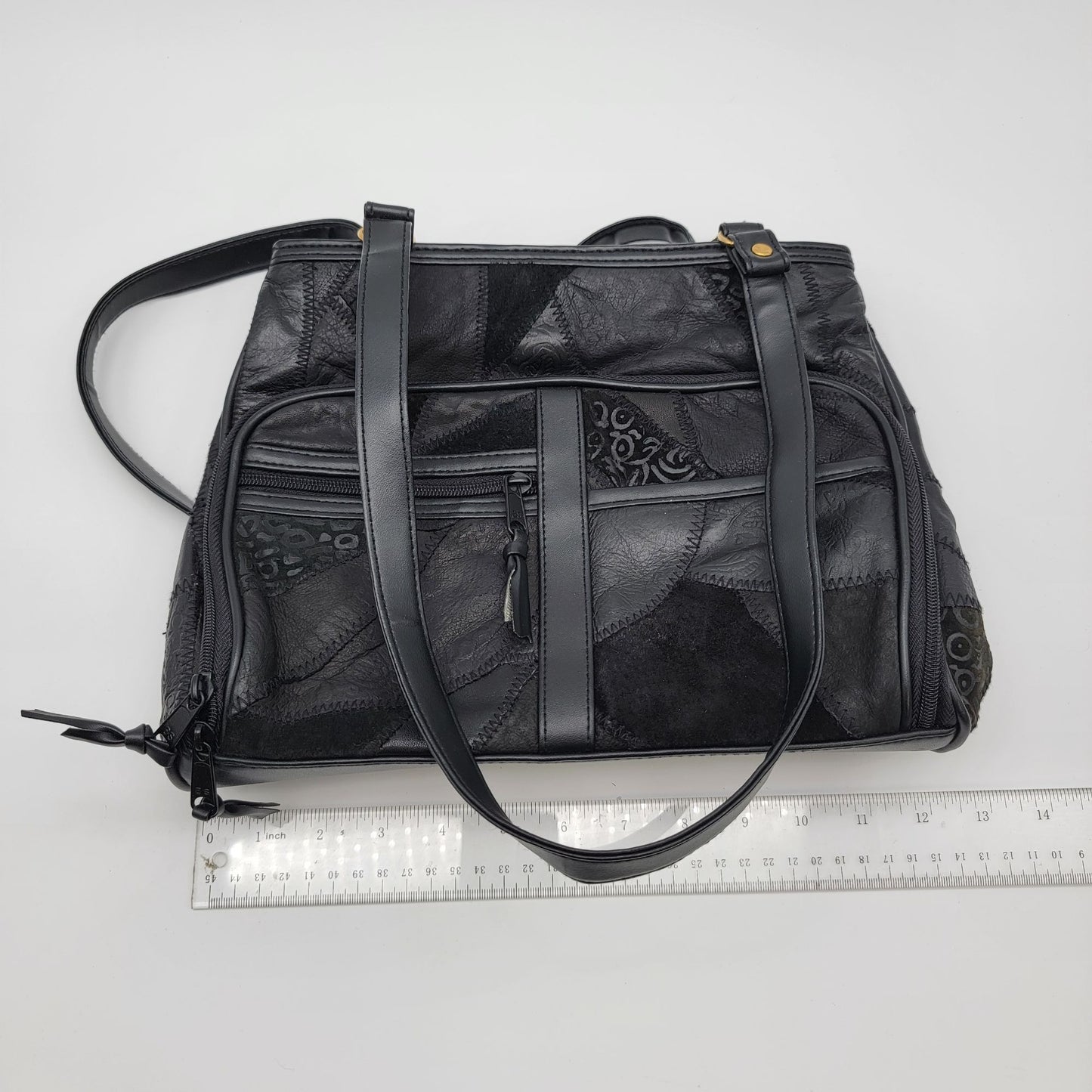 Vintage Black Genuine Leather Patchwork Shoulder Bag Handbag With Multiple Zippered Compartments