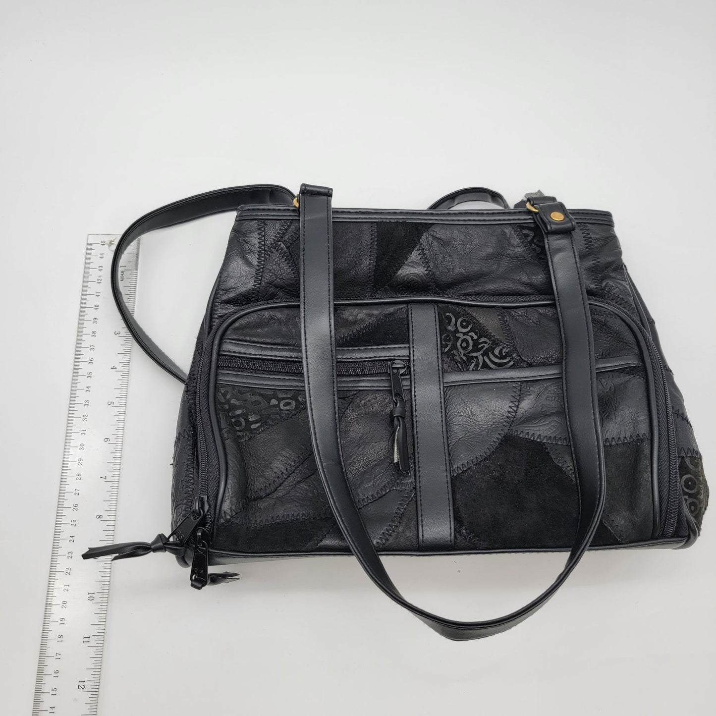 Vintage Black Genuine Leather Patchwork Shoulder Bag Handbag With Multiple Zippered Compartments